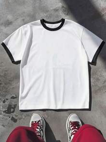 Manfinity Hypemode Áo thun nam tay ngắn phối màu tương phản, kiểu dáng thường ngày, thích hợp cho mùa hè. - trắng - Xem 1