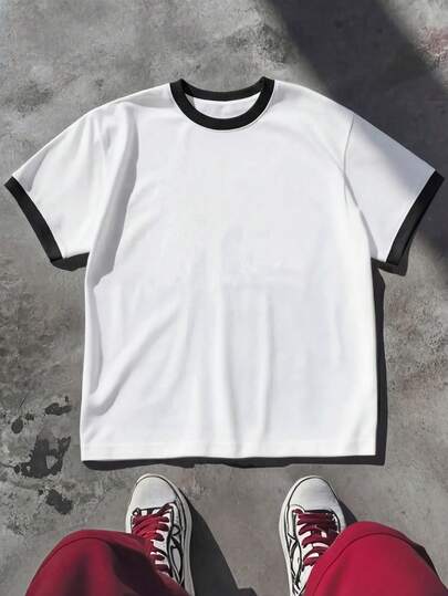 Manfinity Hypemode 男士休闲撞色滚边短袖T恤，夏季