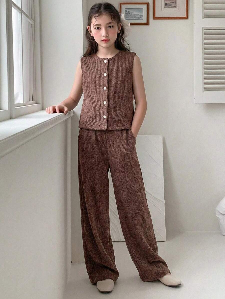 Hapijoa Tween Girl Solid Color Front Button Sleeveless Lightweight Top And Pants Set, Summer - Brown - View 1