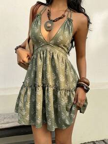 Sunnyshic 女士优雅休闲百搭时尚日常纯色度假亚麻质感微花纹理露背挂脖蝴蝶结短裙，春夏款 - 軍綠色 - 查看 4