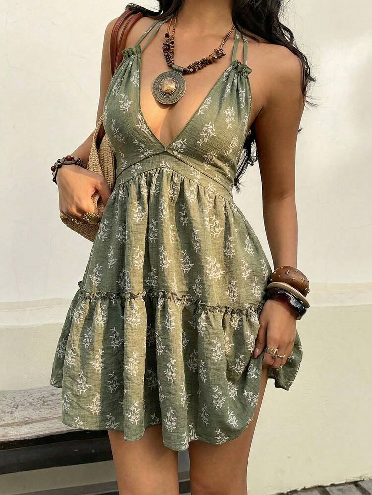 Sunnyshic Vestido corto de mujer elegante y casual, versátil para uso diario, de unicolor para vacaciones, con textura de microfloración de lino, espalda descubierta, cuello halter y lazo, para primavera/verano - Verde militar - Añade 4
