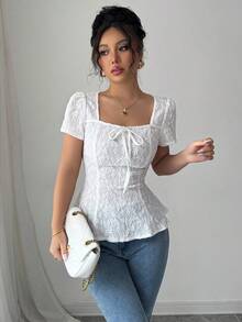 Rafferiza 女士优雅纯色镂空刺绣T恤，夏季 - 白色 - 查看 6