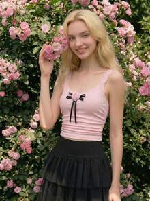 SHEIN MOD Pink 3D Floral Bow Vest With Lace Trim , Sweet And Cute, Date, Party, Women's Summer And Spring Wear, Spring Break, Vacation, Picnic, Festival, Birthday - Pink - View 10