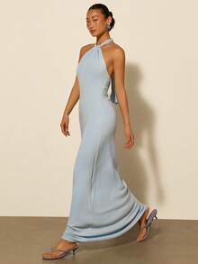 COSMINA Women's Elegant Sleeveless Halter Maxi Backless Fishtail Dress, Suitable For Spring/Summer, Date, Valentine's Day, Evening Party - Baby Blue - View 7