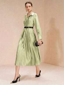 Arave Women Satin Textured Fabric A-Line High Waist Silhouette Shirt Collar With Leather Belt Pleated Hem Single Breasted Elegant Office Wear Dress For Women Green Dress Office Outfits For Women.Casual Waist-Tight And Slim Long Dress - Pastel Green - View 5