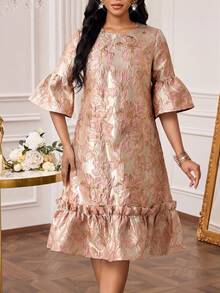 SHEIN Lady Vestido de fiesta elegante de mujer con dobladillo de volantes y estampado jacquard de longitud media - Rosa vieja - Ver 7