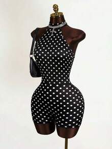 Zestiva Bộ áo liền quần ôm sát cổ yếm in chấm bi dễ thương dành cho nữ, áo liền quần chấm bi gợi cảm cho nữ. - Đen và trắng - Xem 4