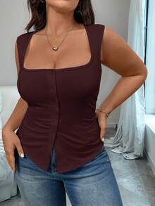 Easura Áo hai dây dệt kim cổ vuông màu trơn dáng suông cỡ lớn, áo tank top không tay xẻ tà, eo thon, phong cách mùa hè. - Màu Đỏ Sâu - Xem 3