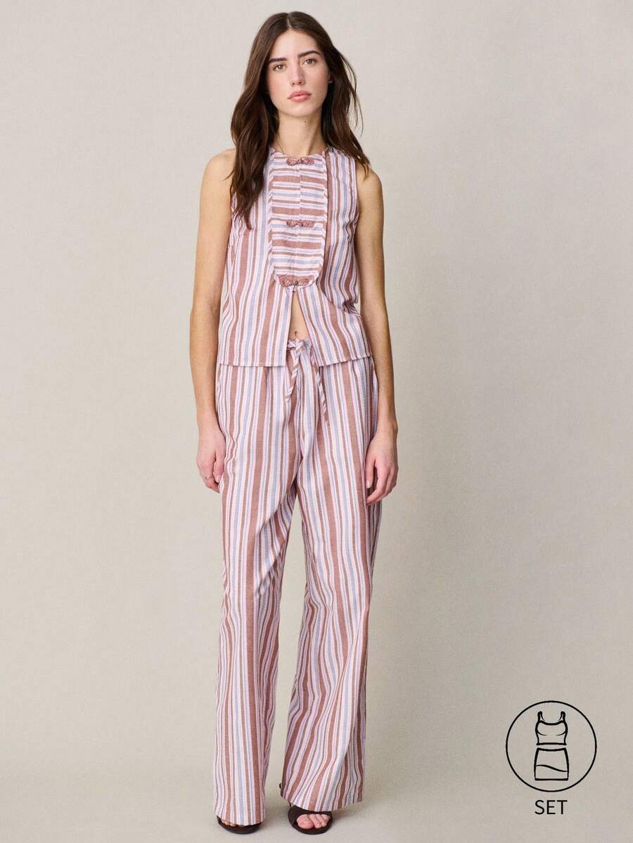 Nöista Bộ áo vest và quần kẻ sọc màu nâu và hồng, kiểu cài khuy Trung Quốc phía trước, quần ống rộng. Phù hợp cho mùa xuân, mùa hè, trang phục thường ngày cho nữ, bộ đồ đi nghỉ mát cho nữ. - Hồng - Xem 1