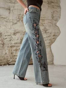 MOTF PREMIUM JEANS DE MEZCLILLA CASUALES/PARA CITAS CON BORDADO DE MARIPOSA PARA MUJER, PRIMAVERA/VERANO - Azul - Ver 5