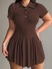 Flirla Plus Size Solid Color Pleated Minimalist Casual Collared Short Sleeve Dress - Brown - View 6
