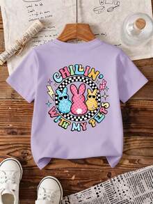 SHEIN Camiseta gráfica de manga corta casual y versátil con estampados de conejo, cuadros y relámpagos de dibujos animados, para el verano - Púrpura malva - Ver 1