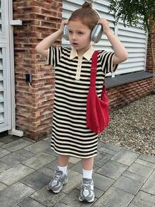 Dazy Kids Tween Girls Striped Collared Short Sleeve Knit Dress, Plus Size Children Clothing For Summer,Back To School Clothes - Black and White - View 3