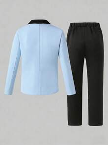 Young Men's Fitted Polyester Baby Blue Colorblock Shawl Collar Long Sleeve Prom Suit Set With Pocket Design - Baby Blue - View 2