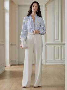 Anewsta 女士优雅独特重工蕾丝刺绣镂空条纹衬衫 - 藍色 - 查看 6