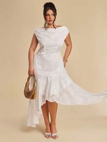 SHEIN BAE Đầm cỡ lớn màu trơn, cổ xếp ly, vạt bất đối xứng, chất liệu jacquard, eo thắt. - trắng - Xem 4