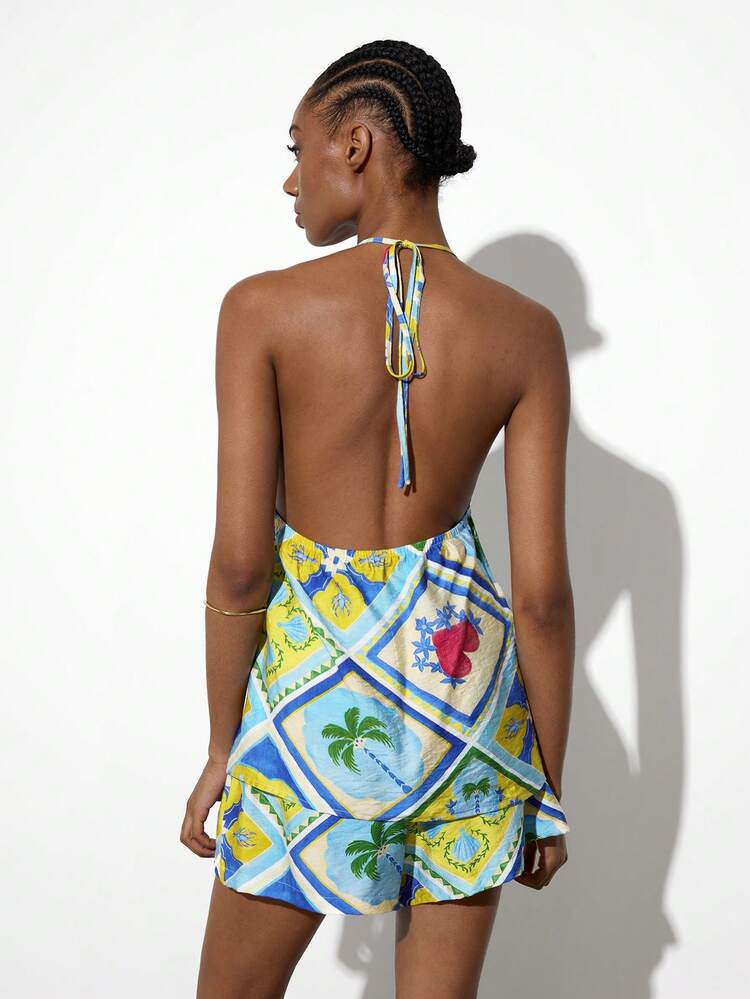 SHEIN Maija Women's Colorful Printed Tie-Up Halter Top And Shorts 2 Pieces Set, Summer Sets, Summer Clothes, Summer Outfits, Spring Outfit , Spring Sets Women , Festival Sets , Elegant Party Sets, Beach Sets , Beach Outfit For Women ,Beach , Casual Sets For Women , Casual Women's Sets, Holiday Outfits For Women, Vacation Outfits For Women, Holiday