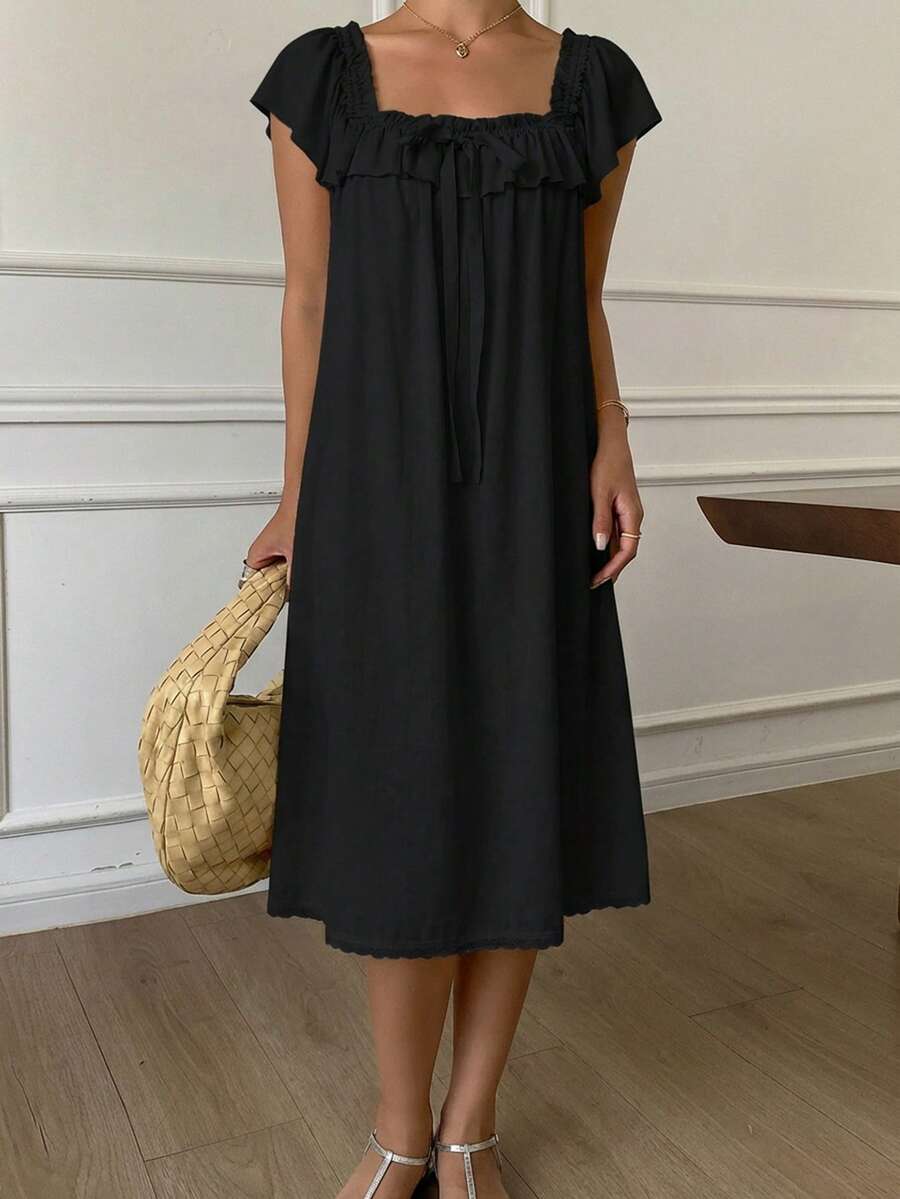 DAZY Lightweight Ruffled Mesh Women's Nightgown Sleepwear Dress - Black - View 1