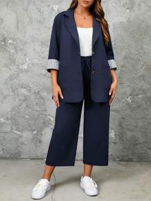 EMERY ROSE 2pcs Plus Size Striped Cuff Long Sleeve Top And Pants Set Fall - Navy Blue - View 3