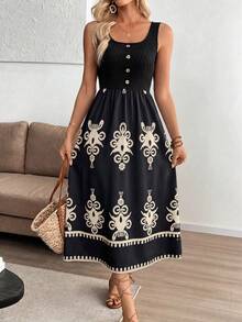 Breezaya Women's Vacation Style Printed Patchwork Sleeveless Bodycon Dress - Black - View 3