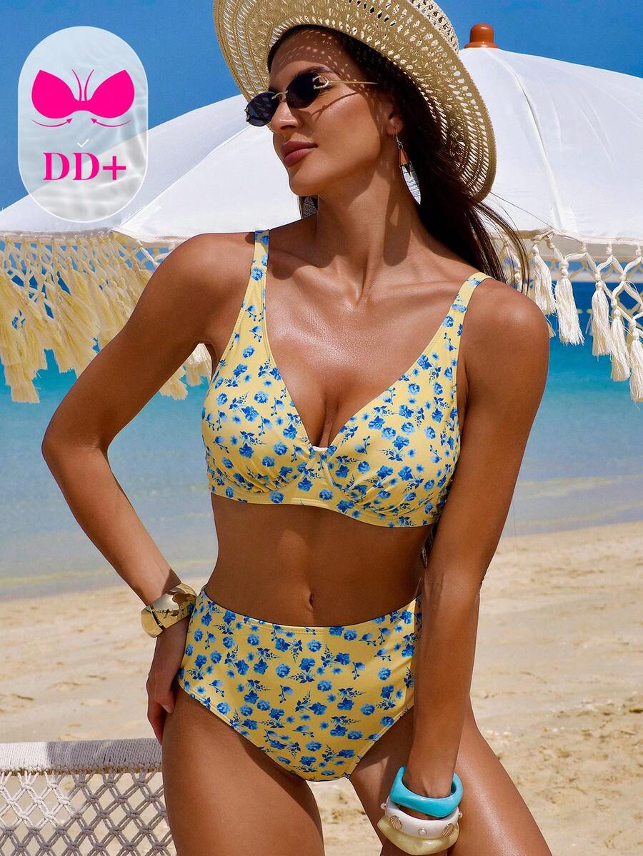 SHEIN DD+ Women's Sexy DD+ Push-Up Ditsy Floral Bikini Set, Spring/Summer - Multicolor - View 1