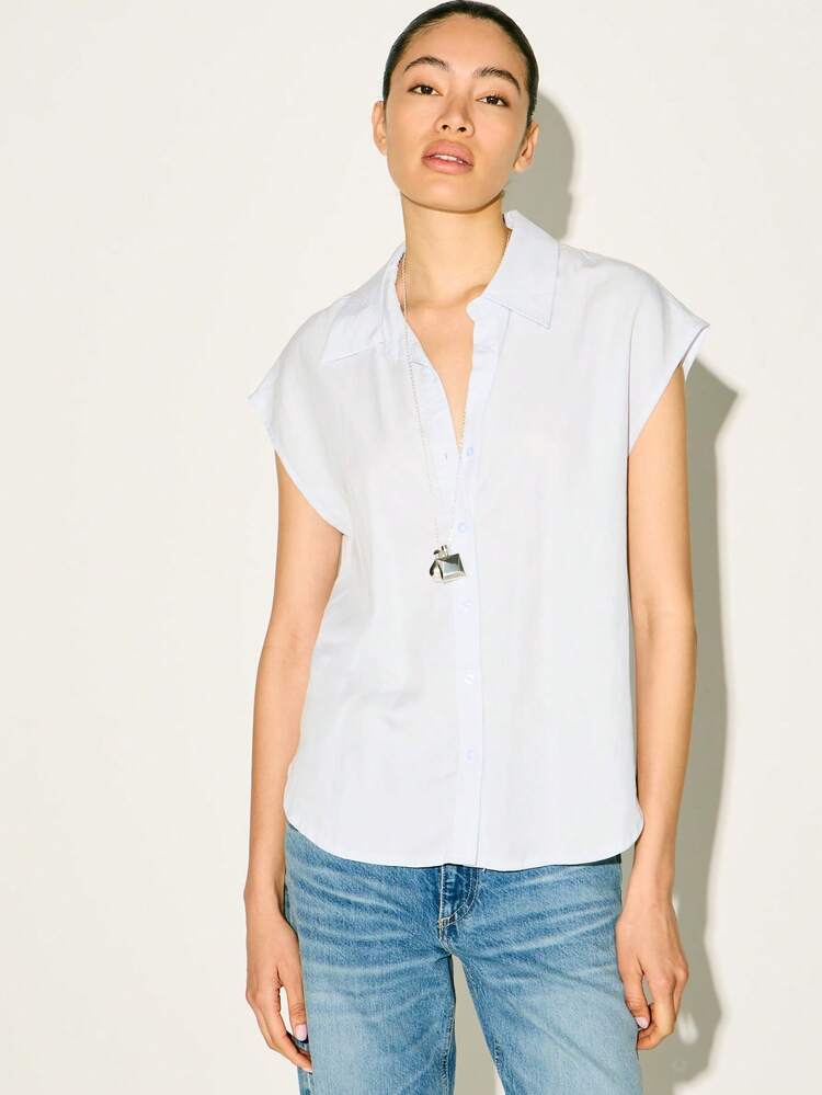 KSTM Women's Light Blue Cap Sleeve Button Down Collared Shirt With Relaxed Fit For Spring Summer Work Casual Wear