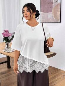 Lounesse Áo thun nữ cỡ lớn cổ tròn tay ngắn phối ren màu trắng, thích hợp mặc đi làm hàng ngày. - trắng - Xem 3