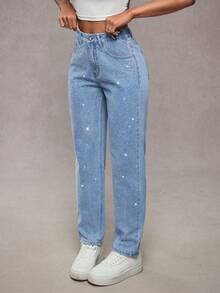 Jeanoix Quần jeans ống côn thời trang thường ngày đính đá lấp lánh dành cho nữ cỡ lớn - Rửa nhẹ - Xem 5