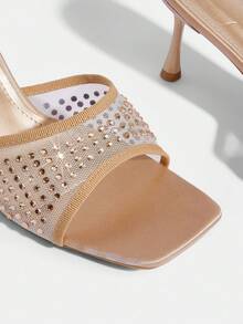 CUCCOO SZL Giày nữ mũi vuông gót nhọn màu sâm panh, chất liệu lưới, đính đá toàn bộ, kiểu dáng thời trang thanh lịch Pháp, sandal cao gót nữ, dép lê, phù hợp với váy, hàng ngày, đa năng, gợi cảm, dự tiệc, sandal nữ. - Rượu sâm banh - Xem 5