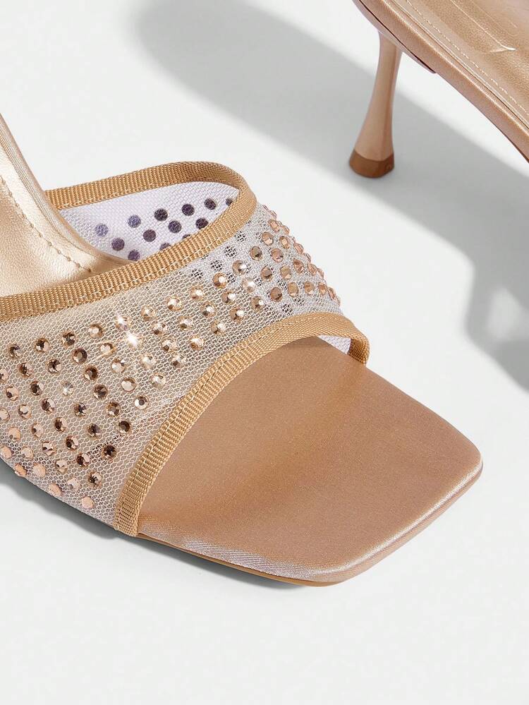 CUCCOO SZL Women Shoes Square Toe Stiletto Champagne Mesh Full Diamond Pedal Fashion Elegance French Women's High Heel Sandals Slippers With Skirts Daily Versatile Sexy Banquet Party Women's Sandals Prom Heels