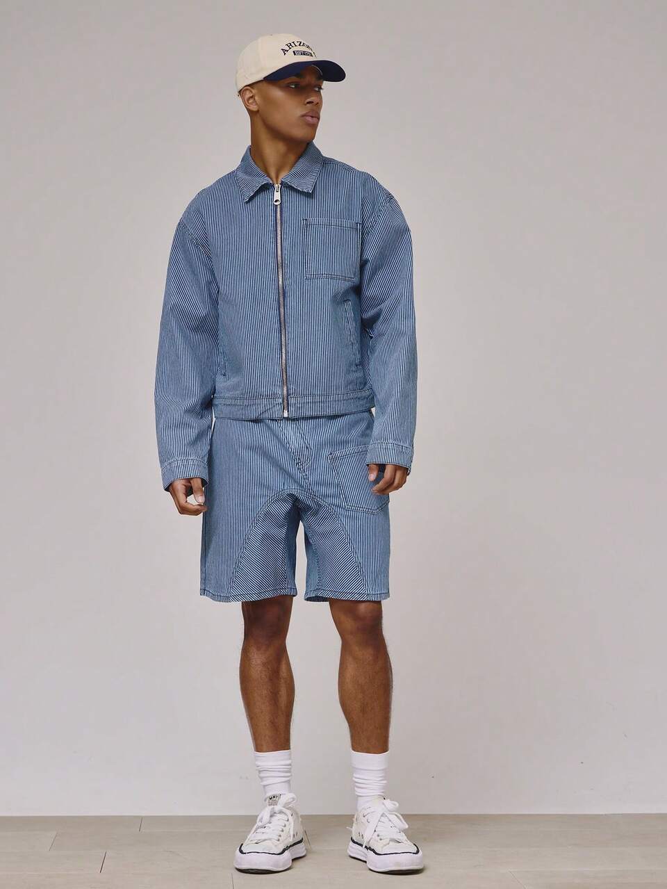Blue Denim Cropped Boxy Long Sleeve Zip Through Collared Denim Pin Stripe Jacket