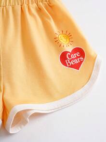 SHEIN X Care Bears 卡通印花圆领短袖上衣和撞色滚边短裤睡衣套装，适合年轻女孩 - 黃色 - 查看 6