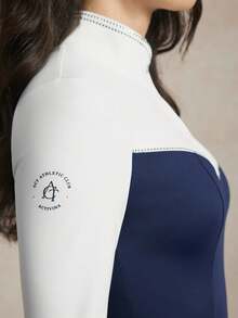 Activina  Women's Spring Summer Blue And White Contrast Color Hot Rhinestones Stand Collar Raglan Sleeve Fitted Equestrian Clothing Old Money Style - Blue and White - View 3