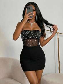 SHEIN PETITE Đầm ngắn cúp ngực đính hạt cườm dành cho nữ, kiểu dáng đơn giản, thích hợp mặc hàng ngày. - màu đen - Xem 2