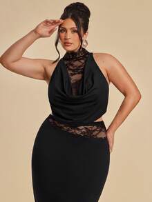 SHEIN BAE 大码女士性感修身可调节肩带荷叶边下摆A字连衣裙 - 黑色 - 查看 9