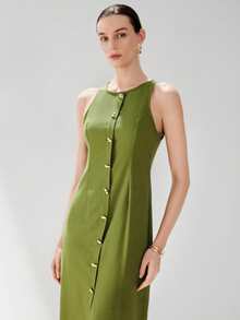 Aveloria Modichic Women's Olive Green Summer Elegant Tea Party Vacation Holiday Dress,Faux Linen Round Neck Asymmetric Metal Buckle Decor Waist Sleeveless Midi Dress - Green - View 3