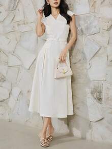 Heiryn Đầm dài dáng chữ A cao cấp, cổ chữ V, sang trọng, thắt eo, hàng hiệu mới. - Màu vàng ngỗng - Xem 5