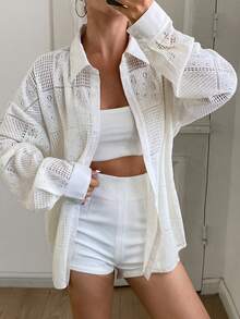 DAZY 女士宽松翻领镂空衬衫夏季 - 白色 - 查看 1
