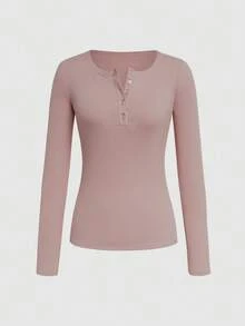 Selamara Women's Casual Solid Color Long Sleeve T-Shirt - Dusty Pink - View 3