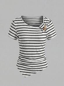 Tween Girl Striped Metallic Decor Casual Versatile Daily Wear T-Shirt - Black and White - View 3