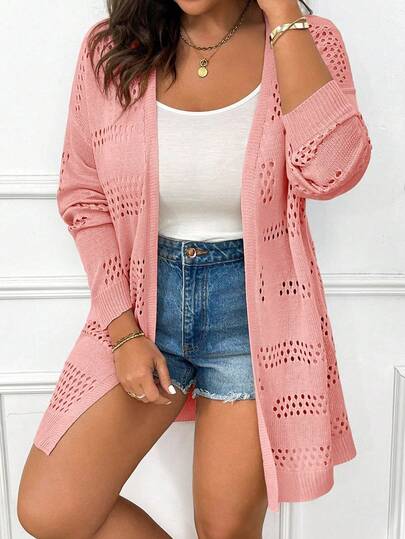 Elenzga Plus Size Women Solid Color Casual Versatile Long Sleeve Cardigan