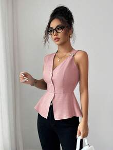 Elenzga Áo cánh không tay cổ chữ V thời trang tối giản sang trọng mùa hè mới thiết kế khóa kim loại ôm eo cho nữ - Hồng - Xem 4