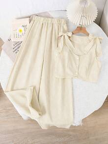 SHEIN Bộ 2 món cho bé gái tuổi teen: Áo khoác cardigan không tay và quần ống rộng cạp chun, trang phục thường ngày mùa hè. - Màu be - Xem 4