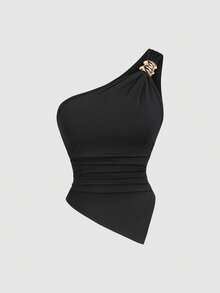 Sweetra 女士纯色简约不对称领金属扣衬衫 - 彩色 - 查看 7