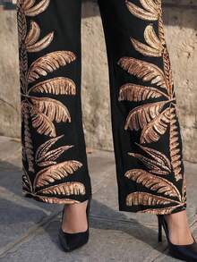 CAJUNI Chic Vacation Golden Banana Tree Embroidery Pants - Black - View 4