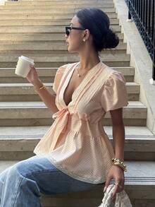 Pariaura 女士格子V领荷叶边花瓣袖衬衫 - 珊瑚粉 - 查看 6