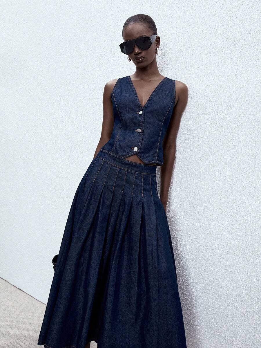 ATUI Studio Women's Summer Casual Front Button Denim Vest And Pleated Denim Mini Skirt Set - Navy Blue - View 1