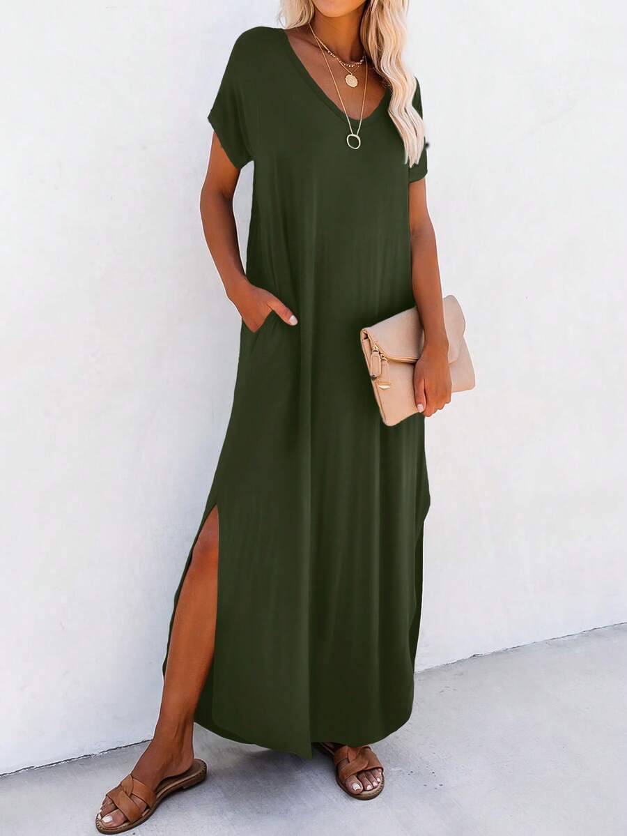 Louniche Women's Casual Solid Color High Slit Short Sleeve Midi Dress, Summer - Army Green - View 1