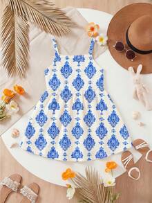 SHEIN 1pc Baby Girl Summer Beach Vacation Floral Print Cinched Waist Strap Dress - White - View 2