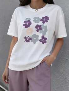 DAZY Floral Print Drop Shoulder Tee & Pants Lounge Set Pajama - Multicolor - View 4